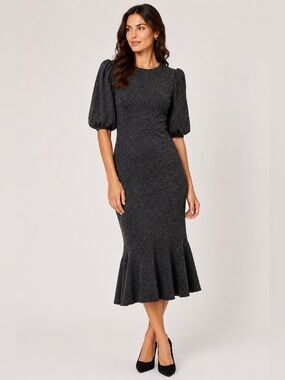 Max + Ash Sweater Knit Midi Dress Gray Puff Sleeve Size‎ M NWOT